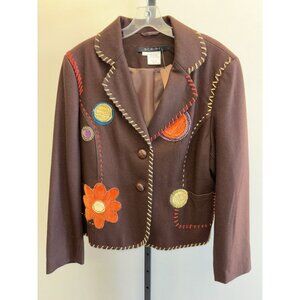 Script Women's Brown Wool Blend Embroidered Blazer Size 16 #31018